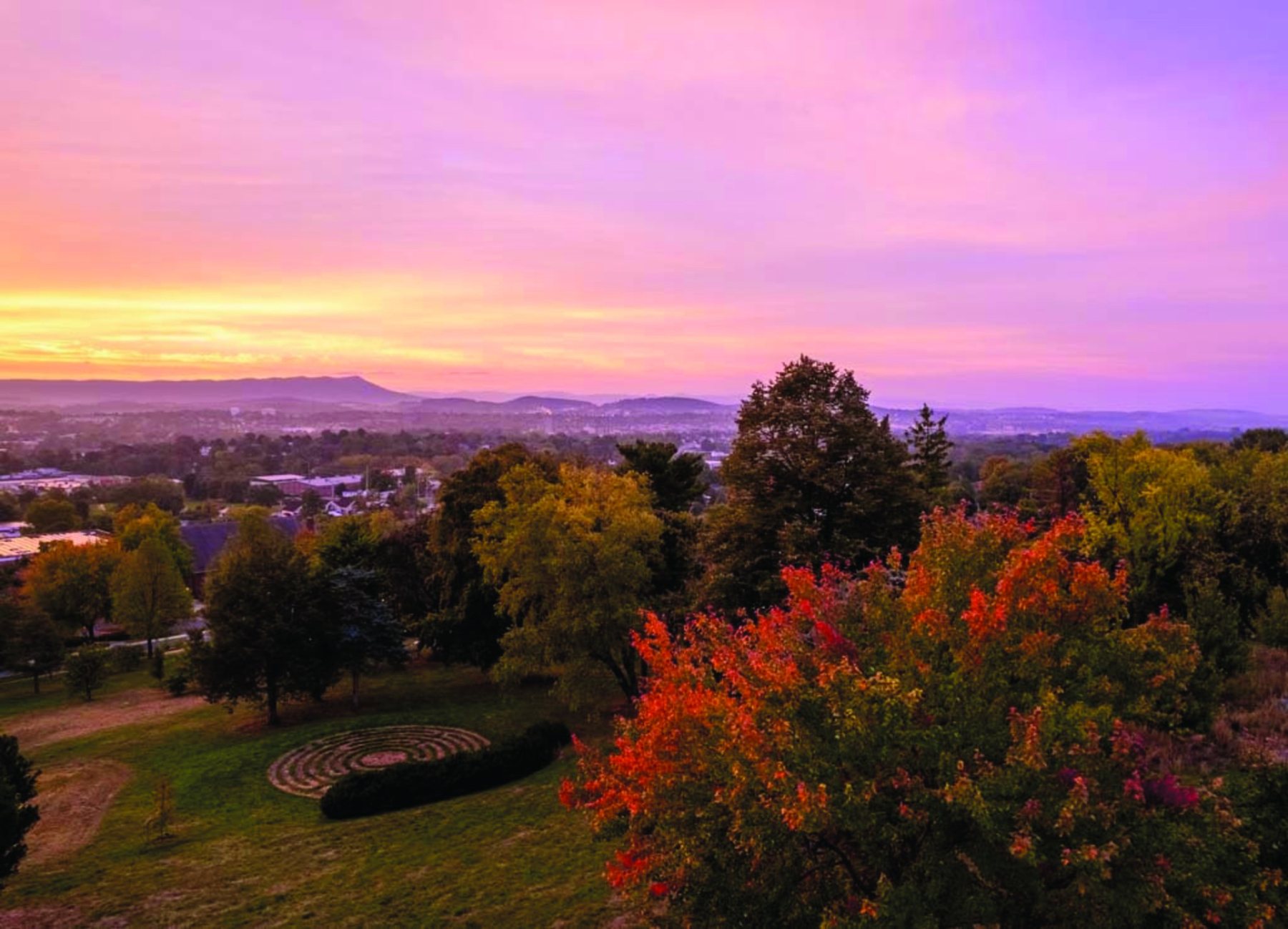 A labyrinth on the hillside at Eastern Mennonite Seminary at sunset